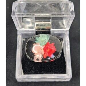 Vtg Lucite Resin Dome Bubble Black Ring /Dried Flowers BOHO Blue Red Pink Sz 4.5